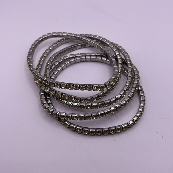 Vintage Silver Tone Green Rhinestone Set of Five Bangle Statement Bracelets - Picture 2 of 2